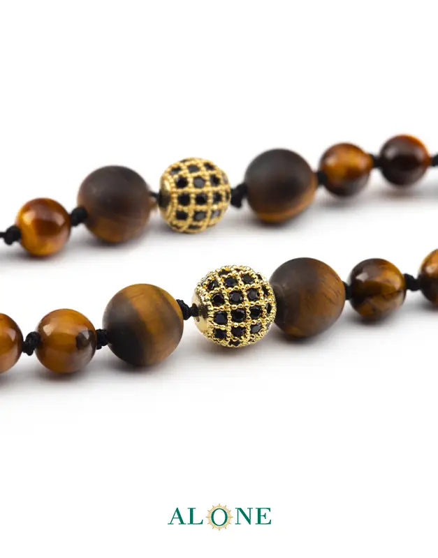 سنگ گره ای بلند 70 آویزدار چشم ببر چوبی ساده قطر 8 با گوی طلایی - Image 2