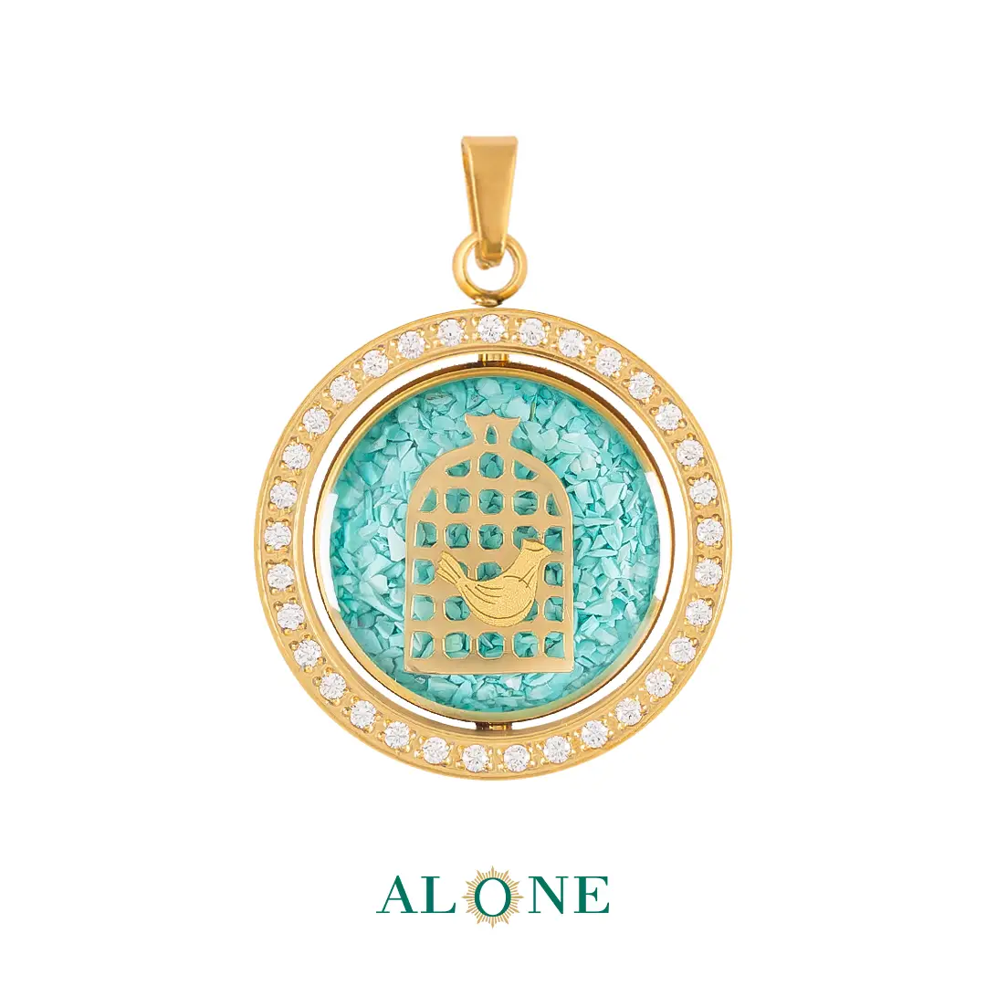 آویز دو رو گرد نگین دار فیروزه مرغ آمین/تاج