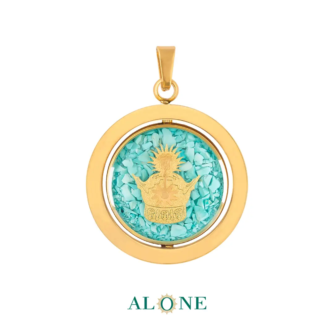 آویز دو رو گرد نگین دار فیروزه مرغ آمین/تاج - Image 2