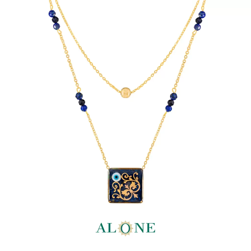 گردنبند مربع چشم ببر سرمه ای هنگامه