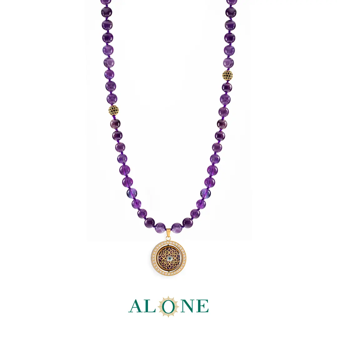 گردنبند آماتیست با آویز دو رو چشم ببر بنفش نگار/شمسه