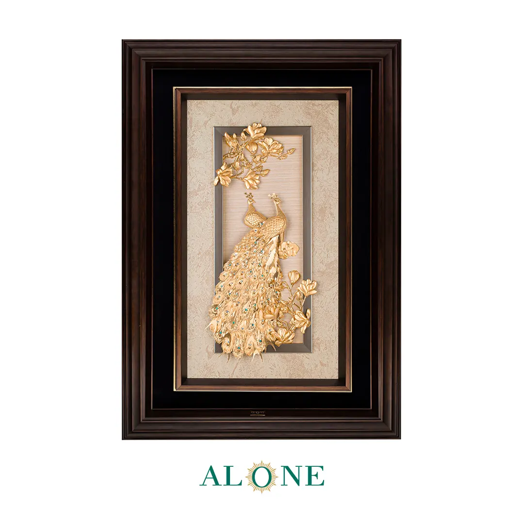 تابلو دو طاووس ایستاده نگین دار عمودی قهوه ای 64*92