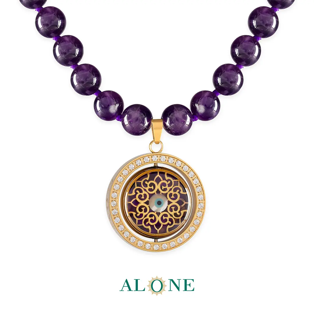 گردنبند آماتیست با آویز دو رو چشم ببر بنفش نگار/شمسه - Image 4