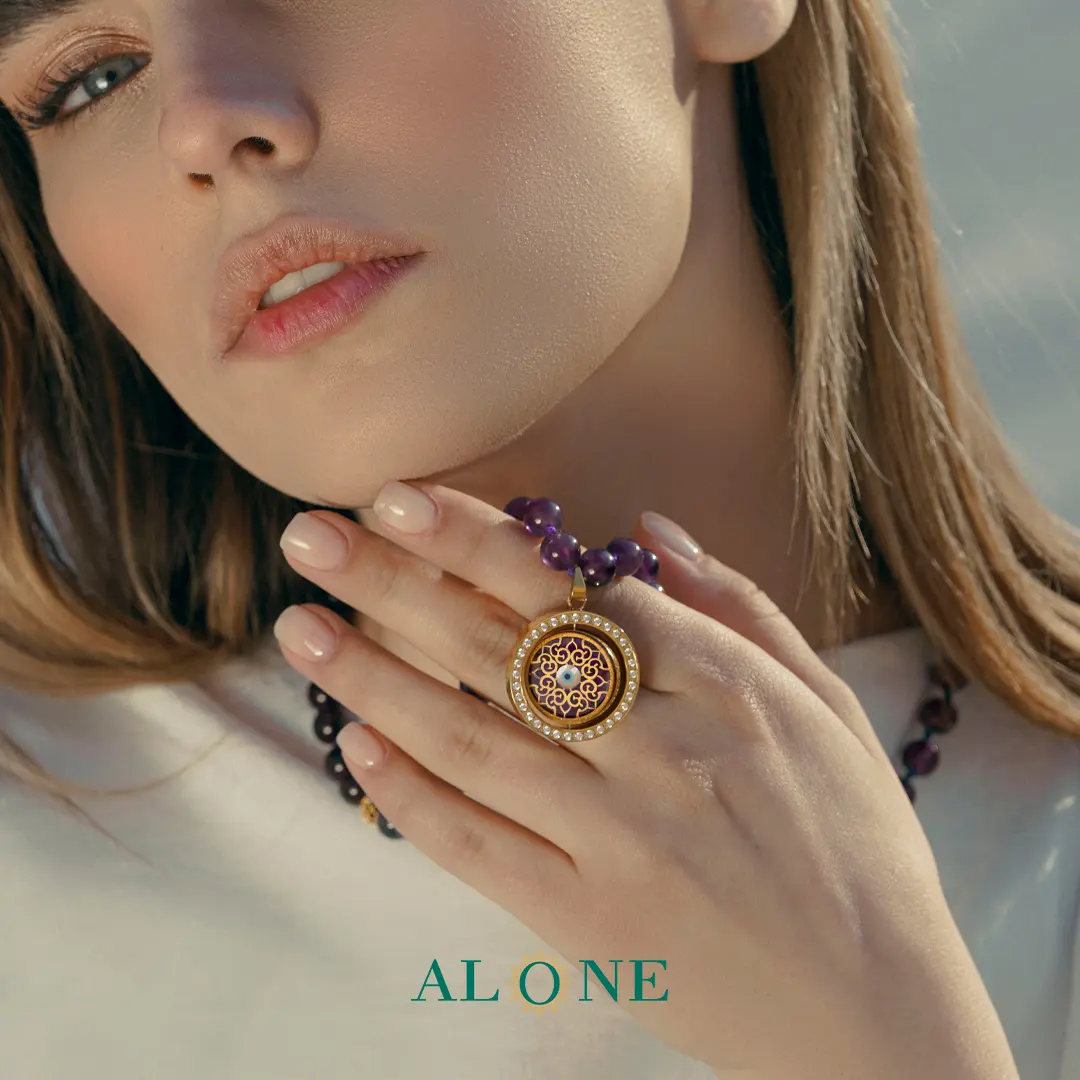 گردنبند آماتیست با آویز دو رو چشم ببر بنفش نگار/شمسه - Image 2