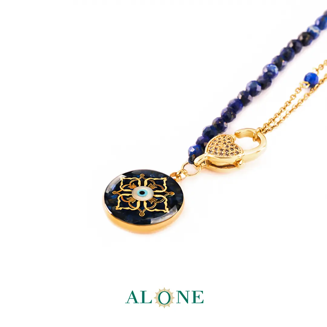 گردنبند لاجورد و زنجیر فلامینگو با آویز چشم ببر سرمه ای ترنم - Image 2