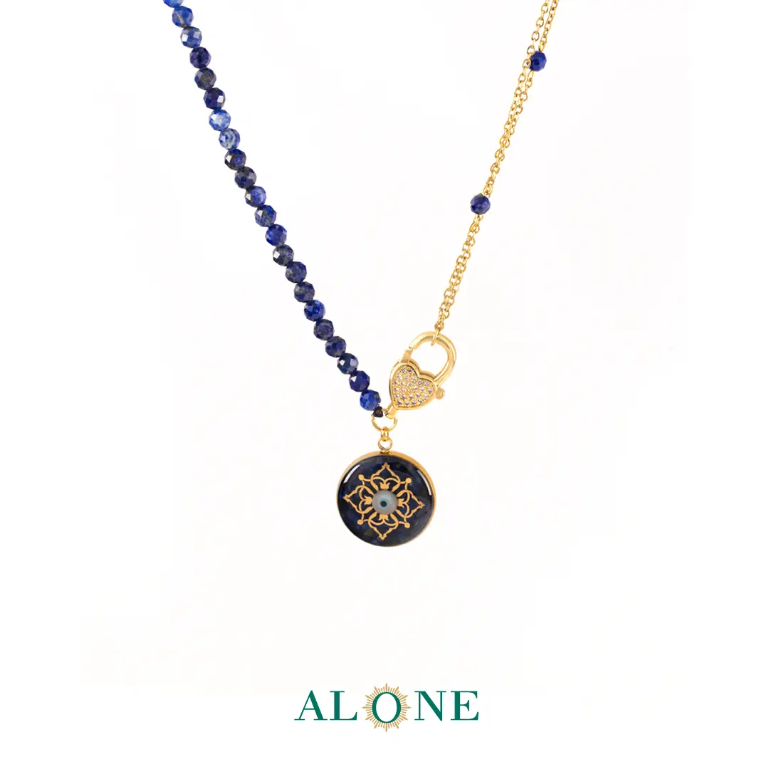 گردنبند لاجورد و زنجیر فلامینگو با آویز چشم ببر سرمه ای ترنم