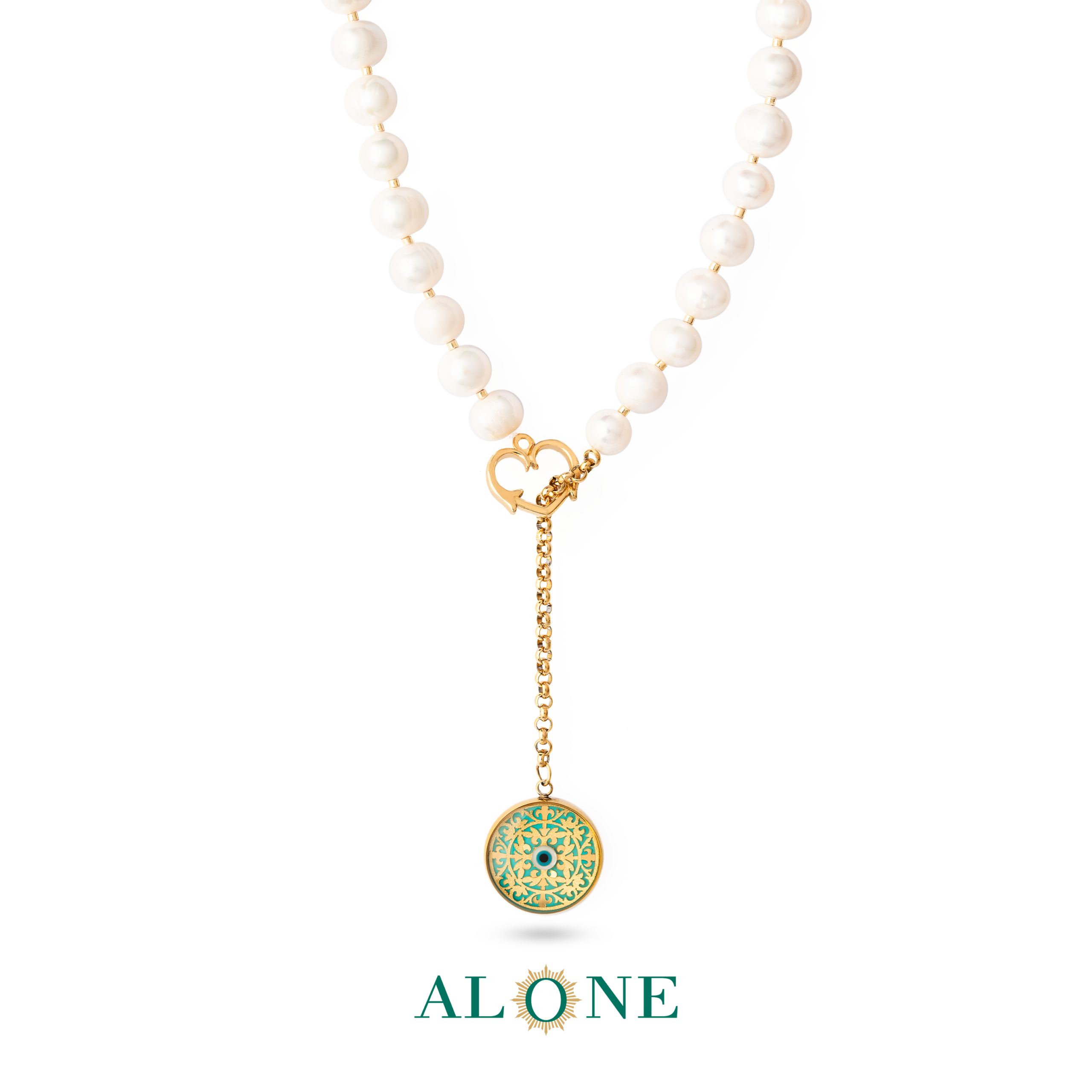 گردنبند مروارید و زنجیر رولو با آویز فیروزه گلاره