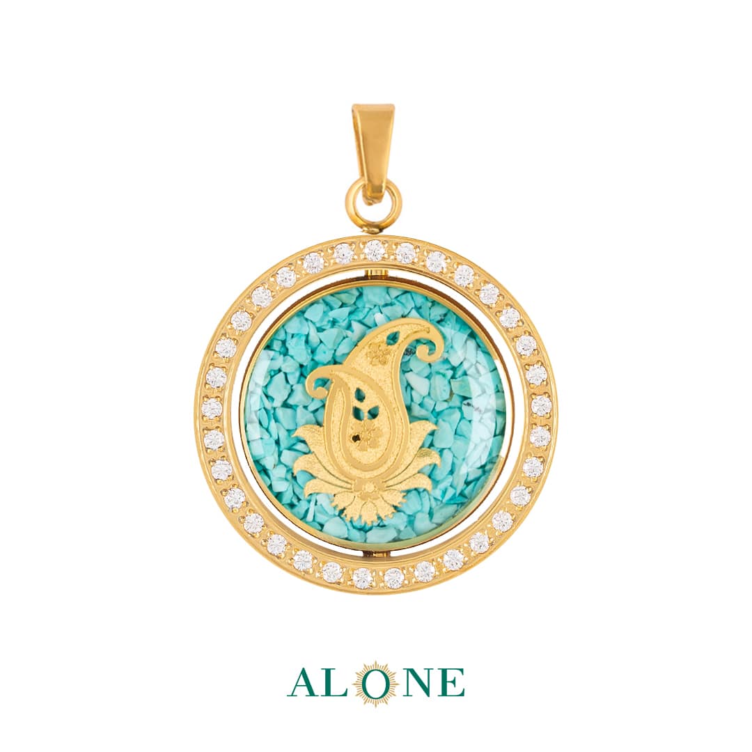 آویز دو رو گرد نگین دار فیروزه شیر و خورشید/بته جقه (جدید) - Image 2