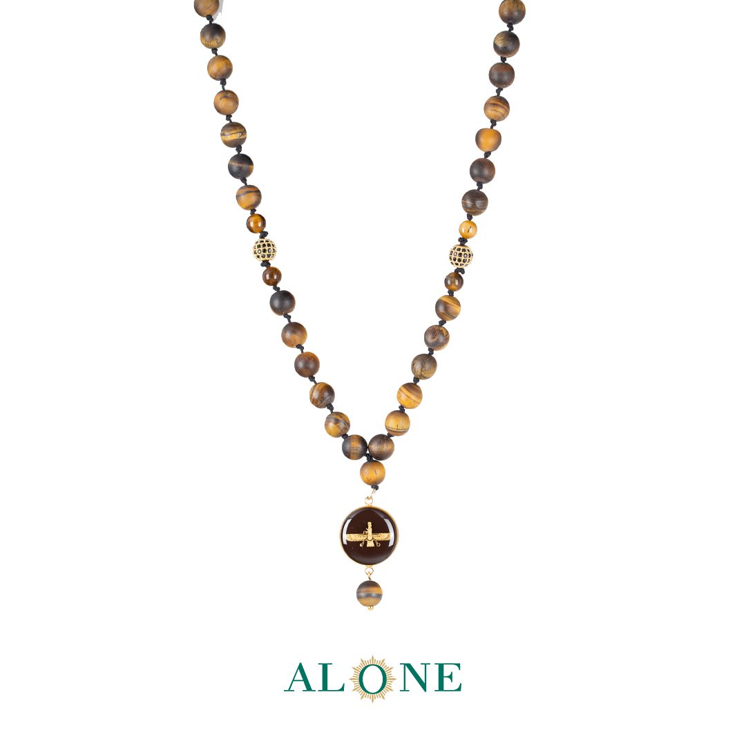 گردنبند بلند 70 چشم ببر چوبی ساده قطر 8 با آویز فروهر قهوه ای