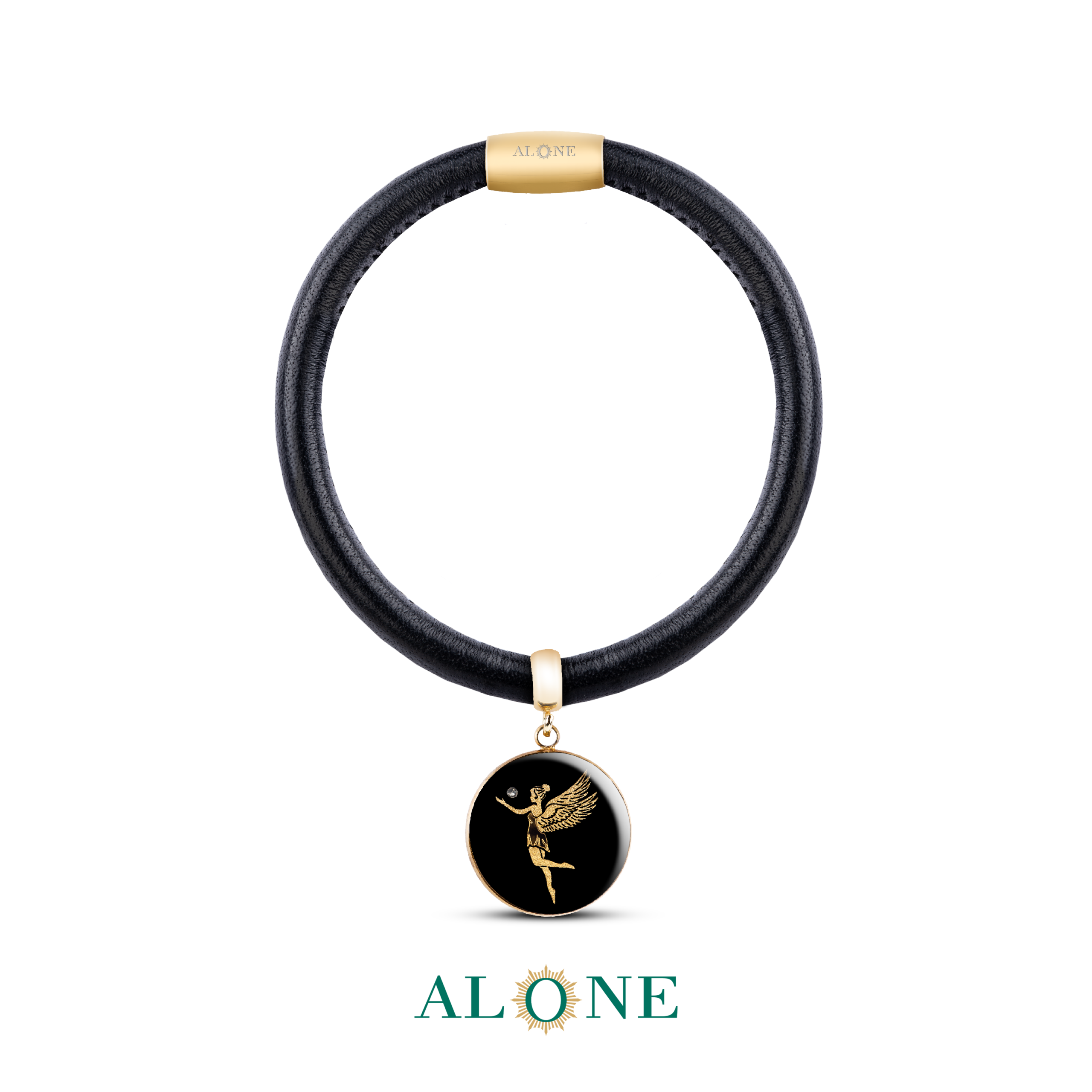 دستبند چرم لوله ای مشکی با آویز ژینا